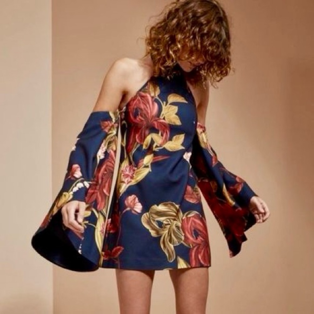 C/MEO Collective Fusion LS High Halter Neck Wide Sleeve Floral Dress Navy
